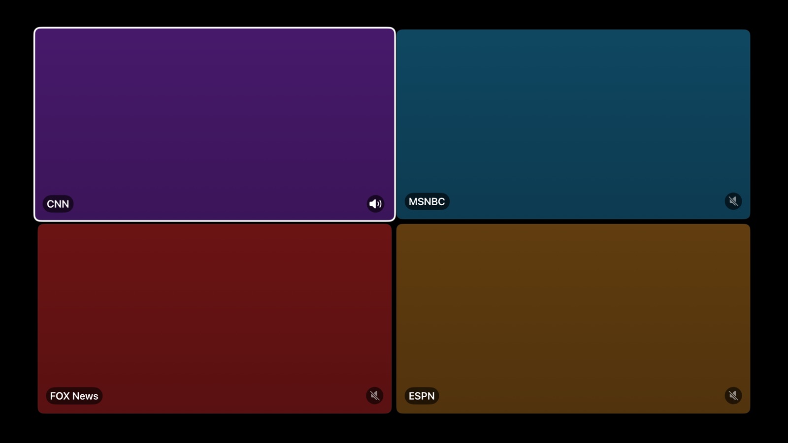 ClawTV Multi-View showing four streams in a two-by-two grid